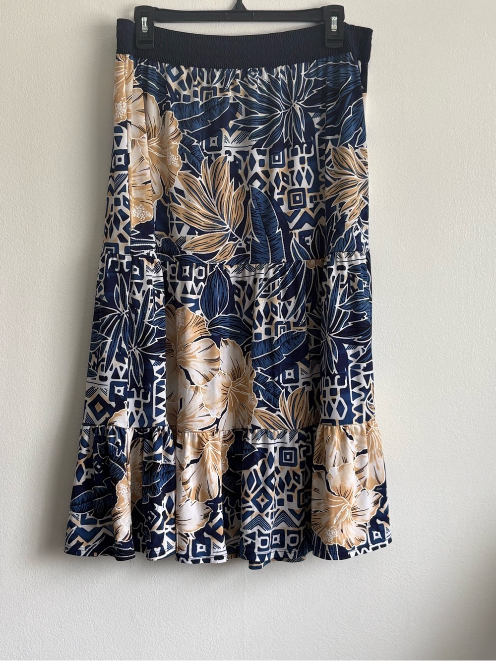 Navy & Beige Floral Midi Skirt